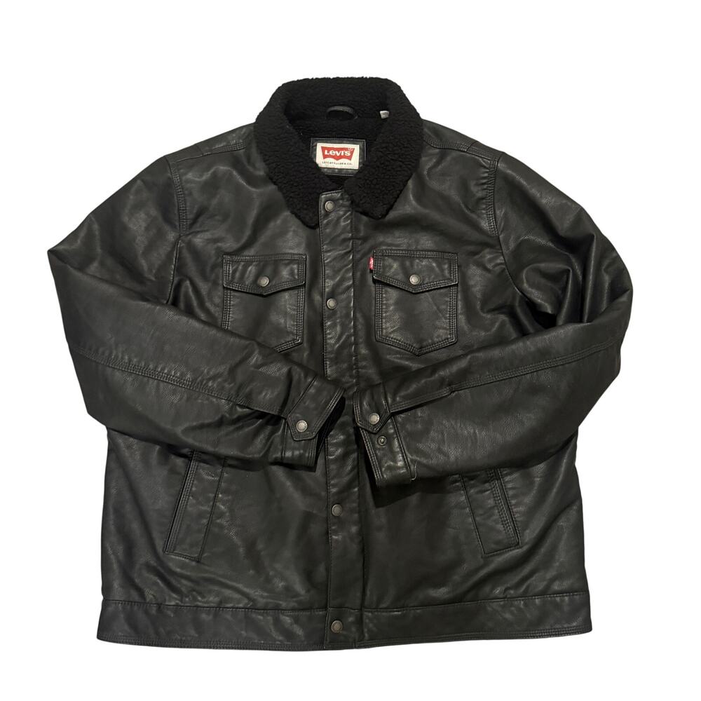 Levi's Black Sherpa Lined Faux Leather Trucker Men Jacket Black XL Moto Rugged
